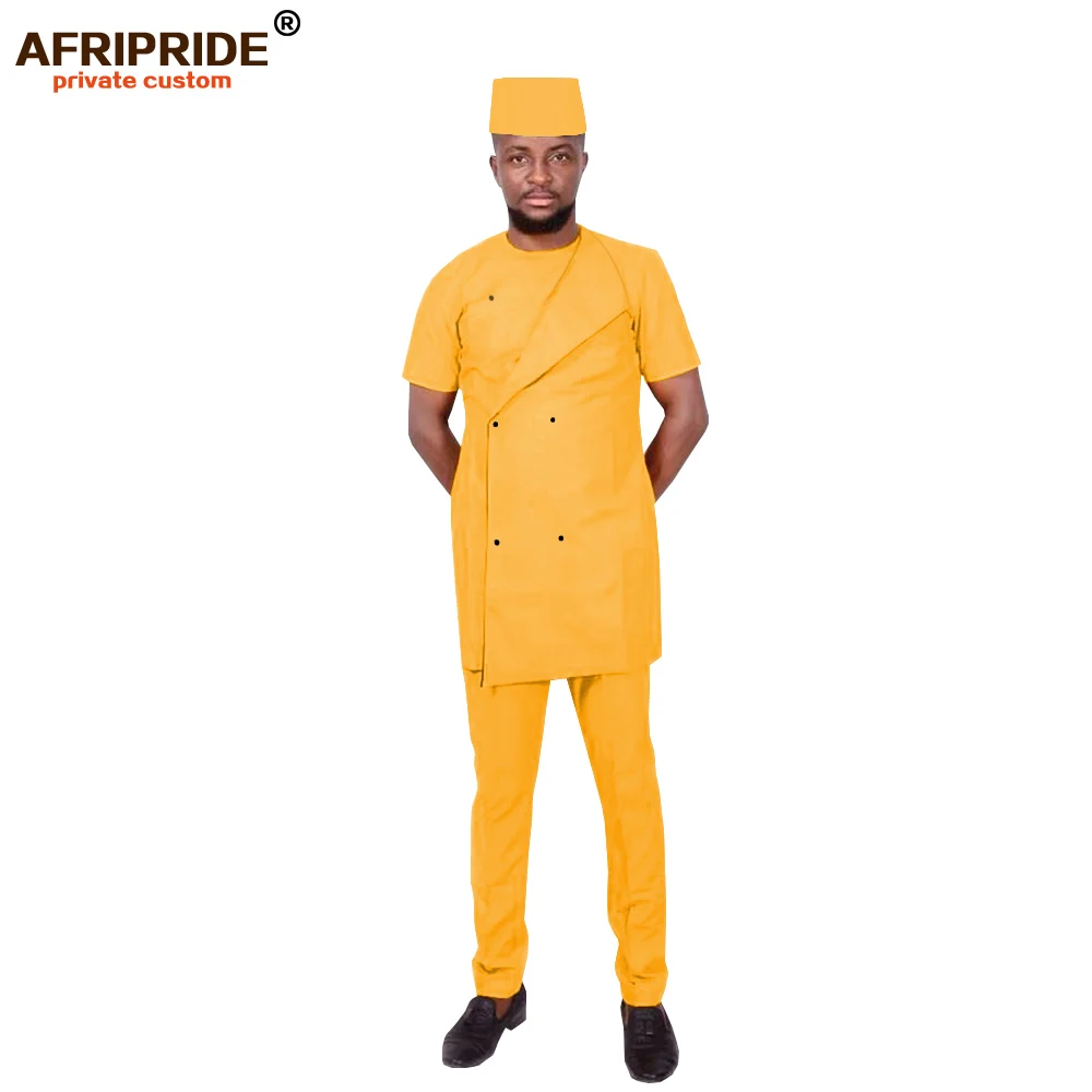 2022 African Men Clothing Traditional Set Dashiki Outfit Short Sleeve Coat Pants Tribal Hat Tracksuit Wax AFRIPRIDE A1916023