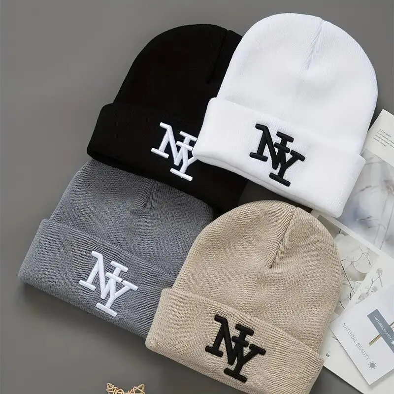 Unisex Winter Beanie Hats, Solid Color Knitted Warm Outdoor Caps with Embroidered Hand Washable