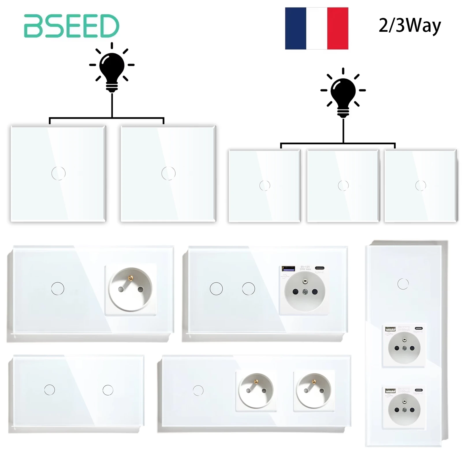 

BSEED 1/2/3Gang сенсорные выключатели света 1/2/3Way Pass Through для лестницы плюс французские стандартные настенные розетки USB Type-c зарядные порты