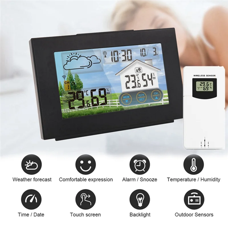 

A20F-With Sensor Color Touch Screen Alarm Clock Wireless Weather Station Forecast Indoor Outdoor Thermometer Hygrometer