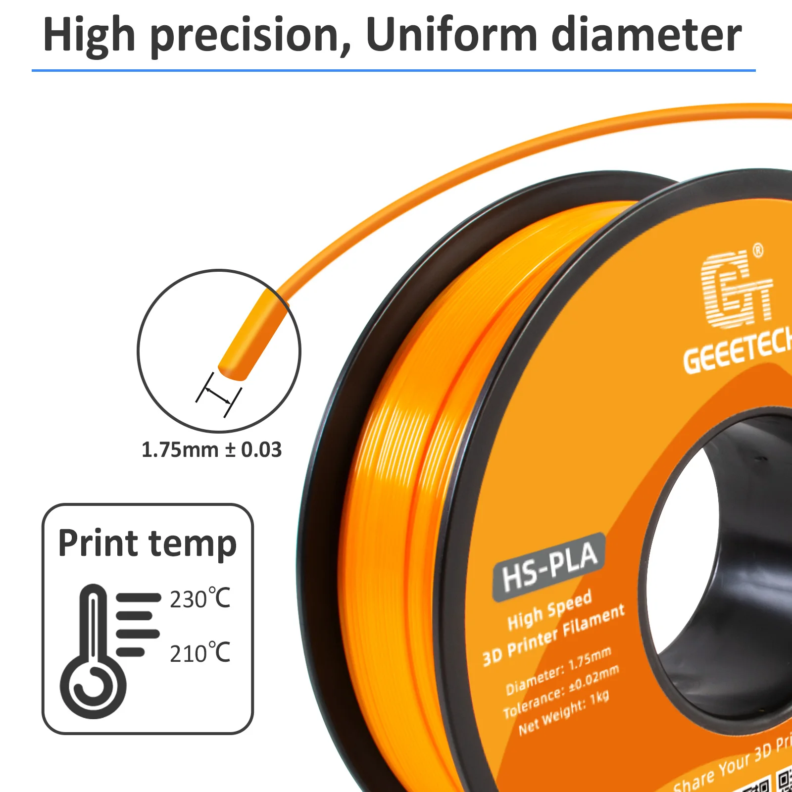 GEEETECH High-Speed PLA Filament 1.75mm 1kg 1 spool, Fast Curing, Better Liquidity, HS-PLA High-Speed 3D Printing Filament