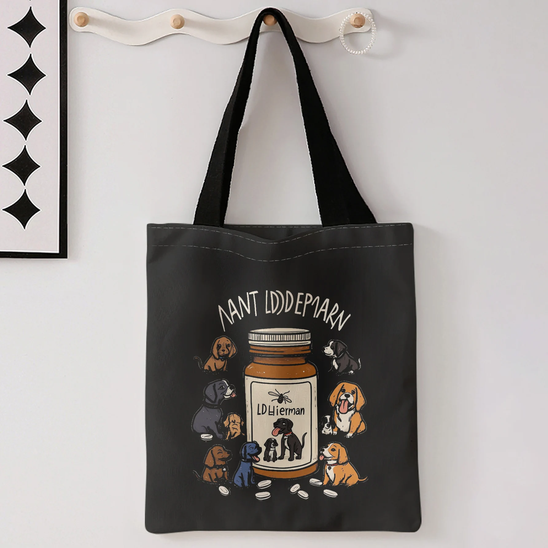Cartoon Puppies Around Medicine Bottle Letter Print Tote Bag Large Capacity Shoulder Bag For Shopping Travel Daily Use