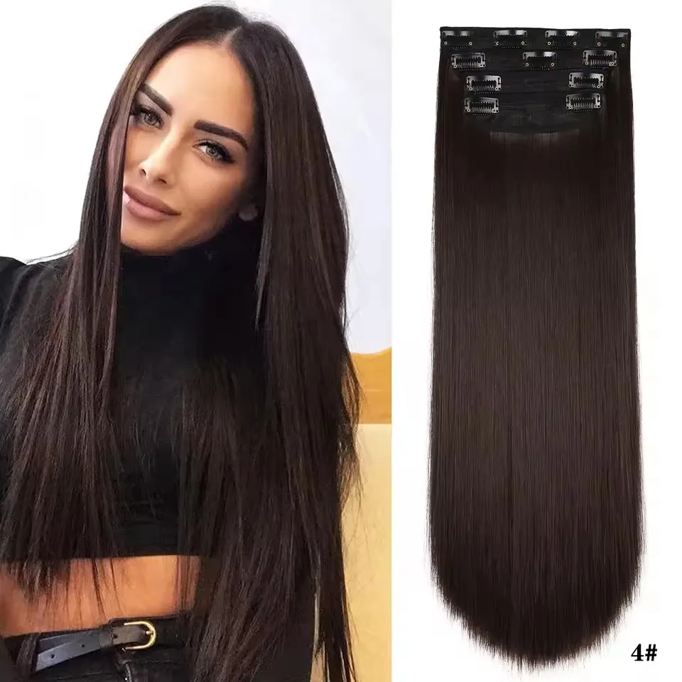 

Прямые волосы на клипсе, человеческие волосы Remy, 4 шт./компл., 11 зажимов для женщин, шелковистые прямые человеческие волосы, цвет # 4, средний коричневый