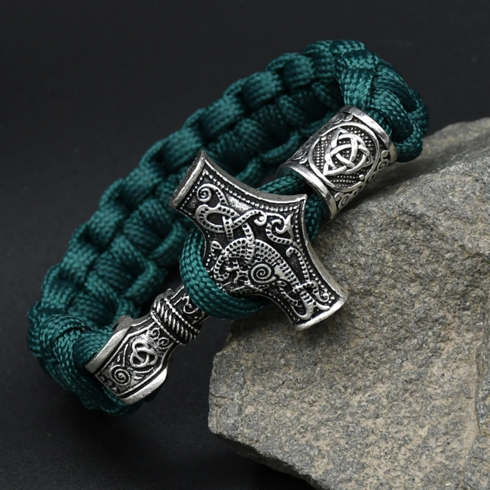 Norse Viking Men Bracelets Thor Mjolnir Hammer Paracord Amulet Valknut Runes Beads Hand Made Rope Wrap Scandinavian Bangles Gift