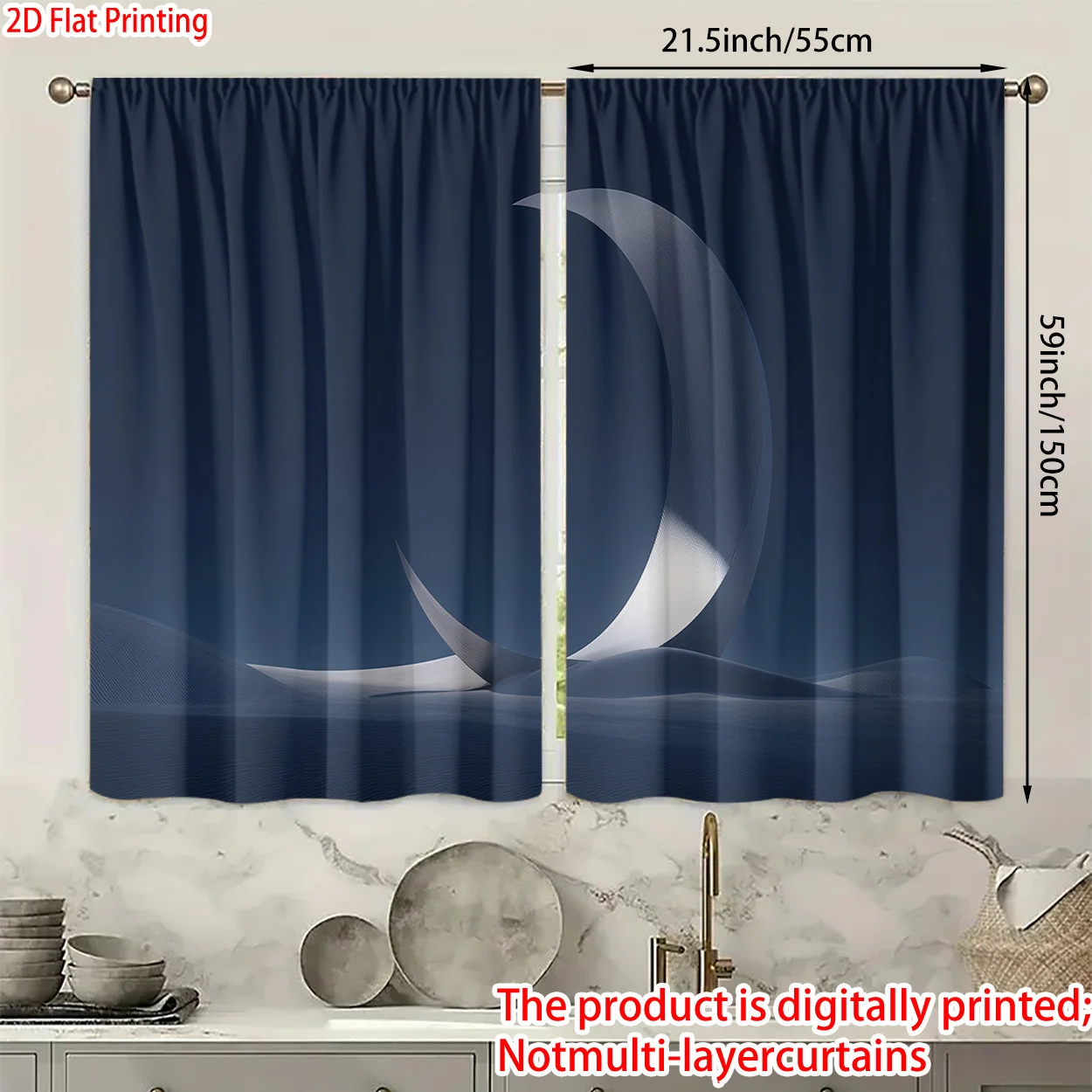 Modern Crescent Moon Curtains Flat Printed Abstract Night Sky Drapes for Living Room Bedroom Window Treatment Home Decor