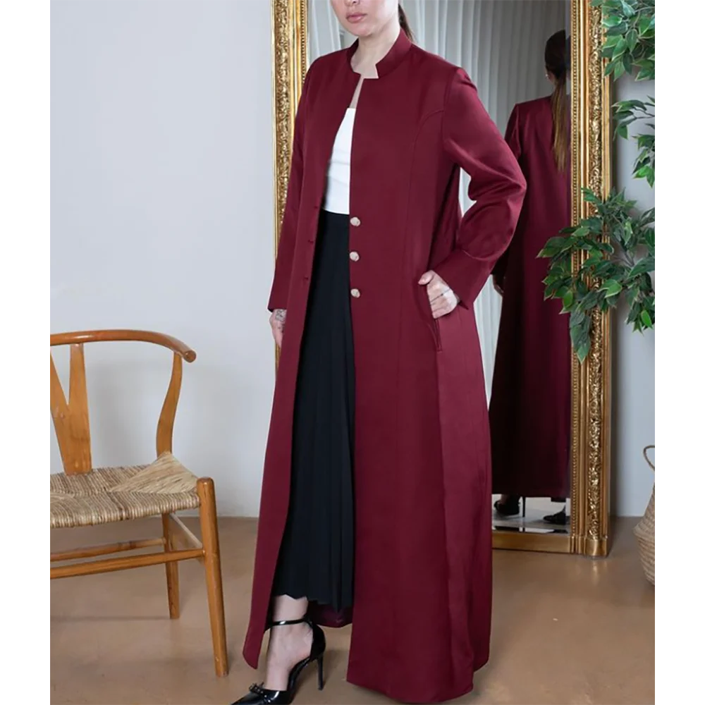 Burgundy Standing Collar Women Long Jacket Female Daily Single Breasted Coat Formal Female Saudi Arabia Dress müslüman elbiseler