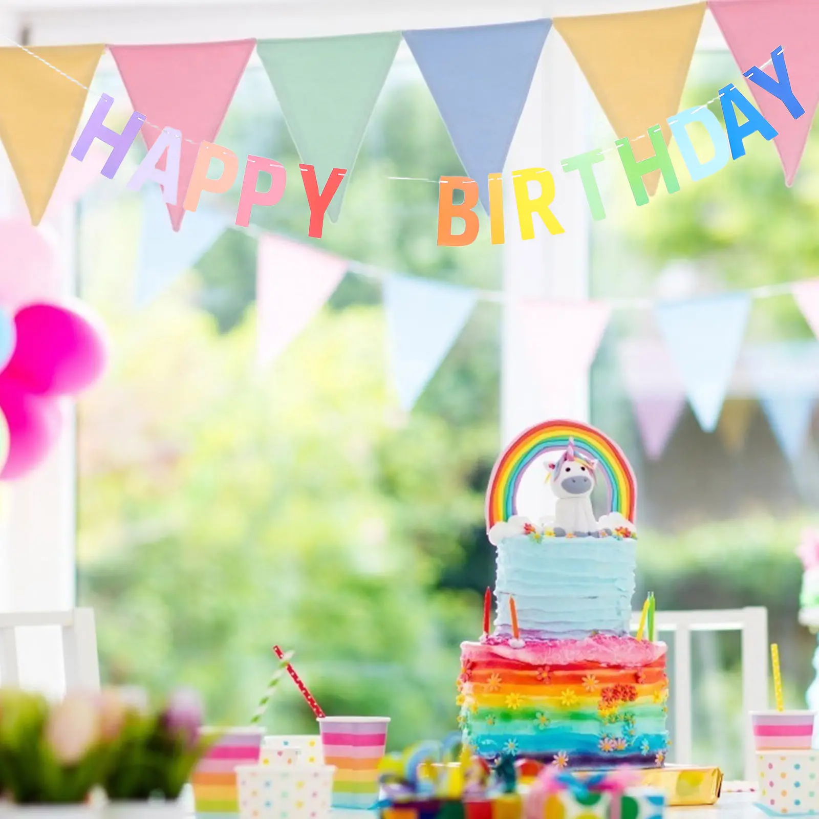 1Set Birthday Banner Set Vibrant Colorful Paper Decor Easy Party Shower Window Door
