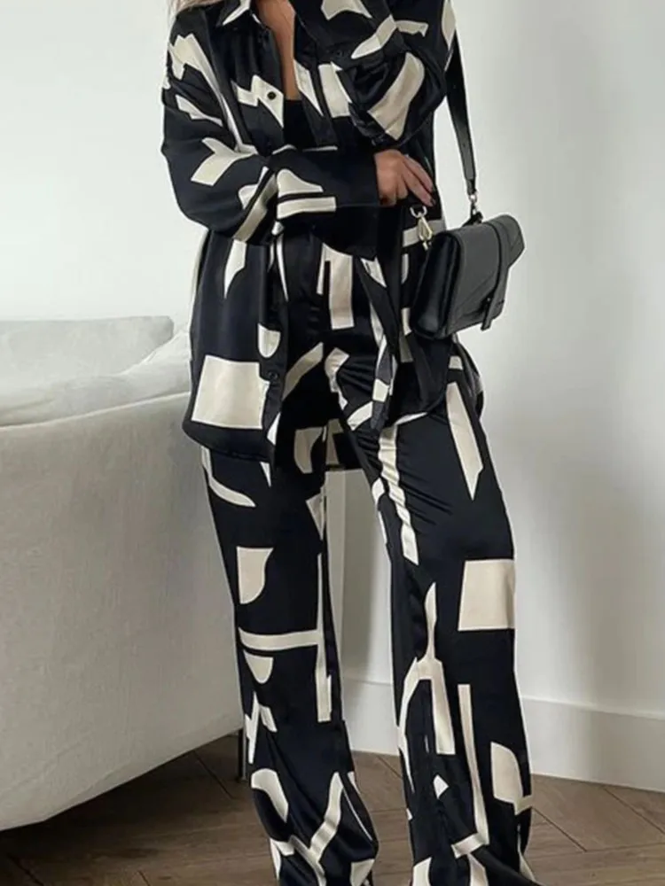 Black White Print Pants Sets Women Fashion Long Sleeve Shirts Wide Legs Trousers Two Piece Set Autumn New Lady Suits Streetwear
