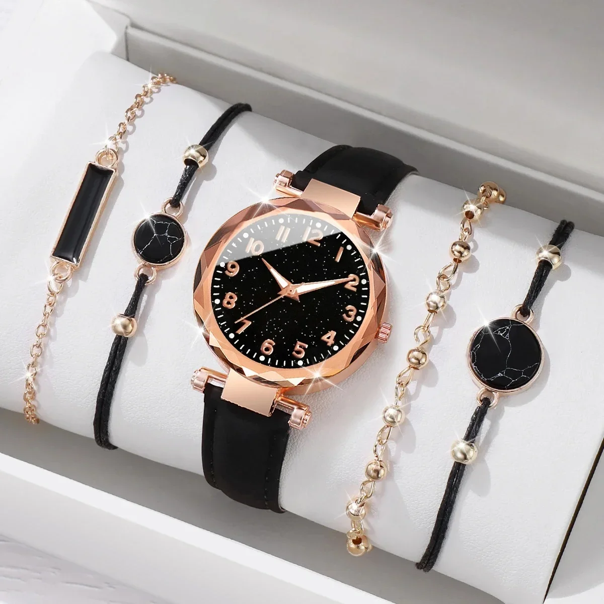 

5pcs Set Womens Watches Set Ladies Fashion Watch Black Female New Simple Casual Womens Analog WristWatch Bracelet Gift No Box