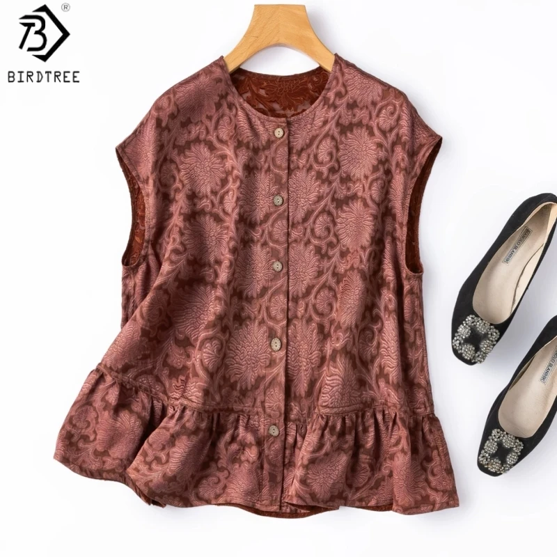 Birdtree, 100% Real Silk Reversible Tshirt, O-neck Tops, Women's Clipped‑cut Sheer Xiangyunsha Shirt, 2026 Summer New T65529JF