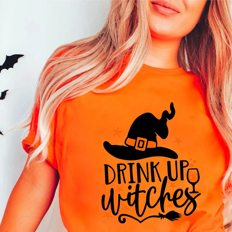 Drink Up Witches T-Shirt for Women Halloween Party Shirt Outfit Short Sleeve Halloween Party Tees for Women Matching Shirts