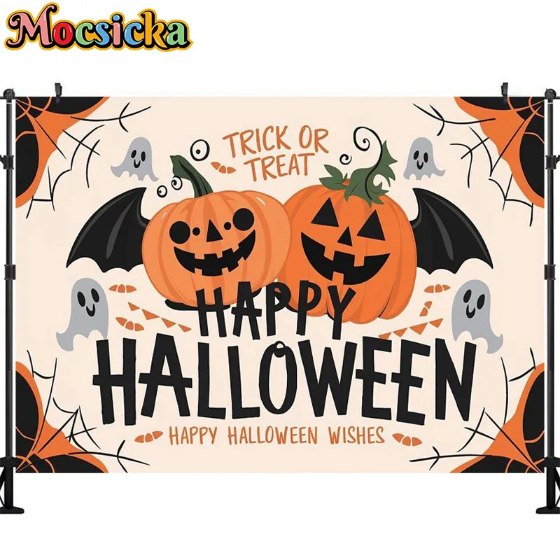 Happy Halloween Photography Background Bat Moon Scary Pumpkin Decoration Trick or Treat Writing Backdrops Studio Props Banner