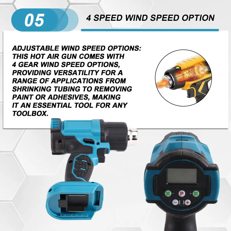 Pistolet thermique sans fil 540 ℃   Pistolet à Air chaud électrique, réglage de la température, affichage LED, vitesse du vent à 4 vitesses, pour batterie 18V
