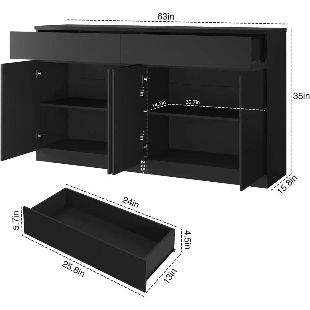 63 بوفيه خزانة جانبية سوداء مع درجين و4 أبواب، خزانة تخزين لغرفة الطعام، سهلة التنظيف، تصميم مضاد للطرف