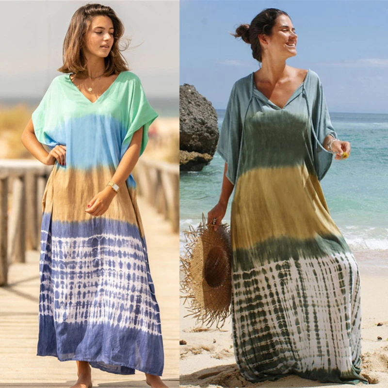 جديد مخطط التعادل صبغ المرأة فستان الشاطئ ثوب السباحة بيكيني التستر الصيف تونك للمرأة بحر رداء دي بلاج قفطان