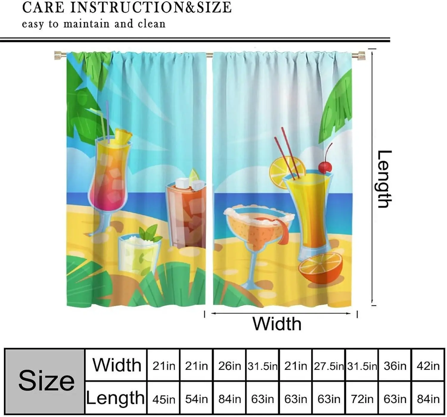 Colorful Ocean Beach Drink Curtain,Watercolor Art Cartoon Coastal Fruits Drink Sky Plant Leaf Blackout Rod Pocket Window Curtain