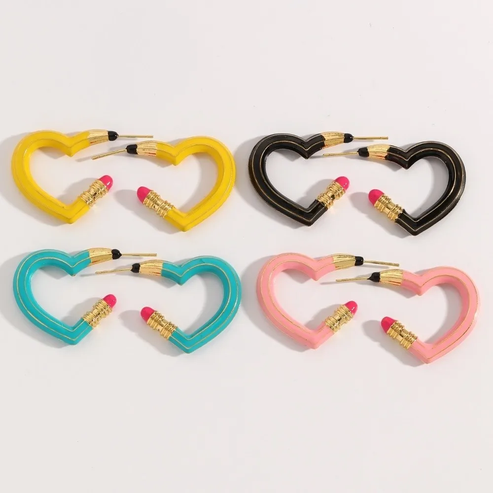 2/3pcs Funny Heart-shaped Women's Hoop Earrings Trendy Alloy Pencil Shaped Open Ring Lightweight Unique Finger Ring Earrings Set