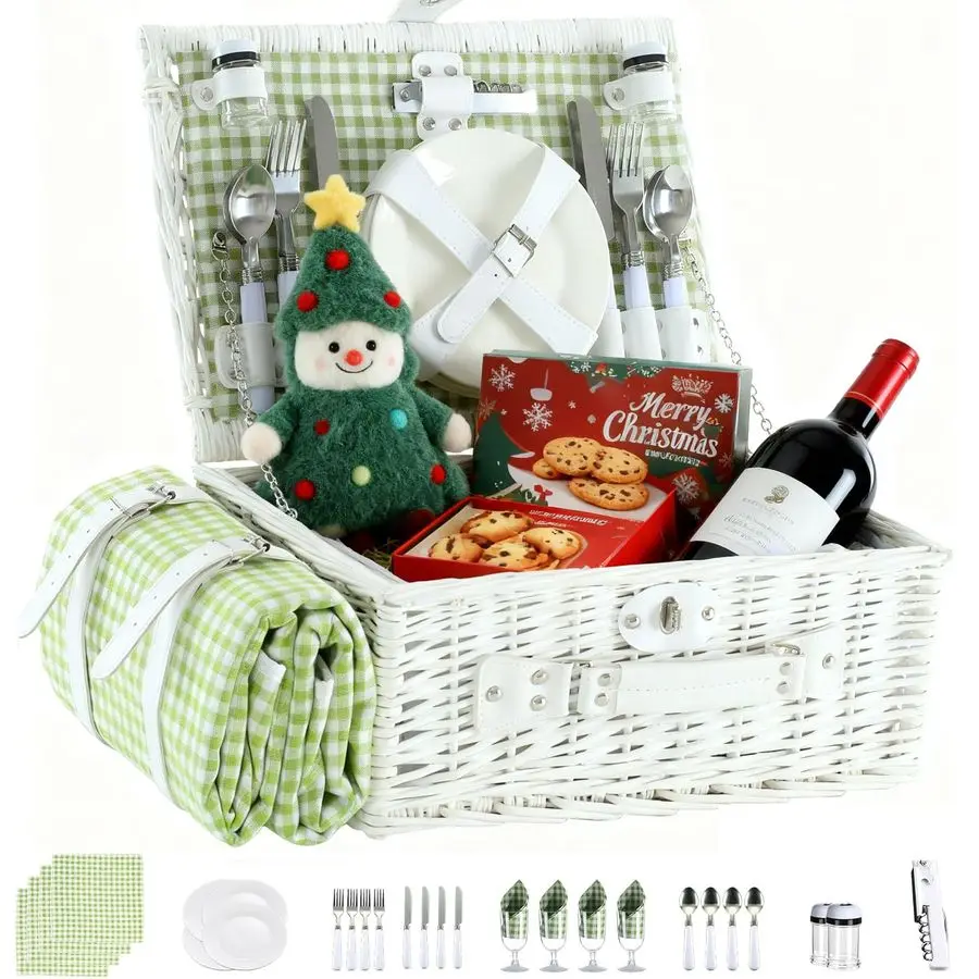 

Basket Set for 4 with Waterproof Blanket Mat Insulation Bag Wicker White Green Plaid Classic Fresh Gift for Christmas Thanksgivi