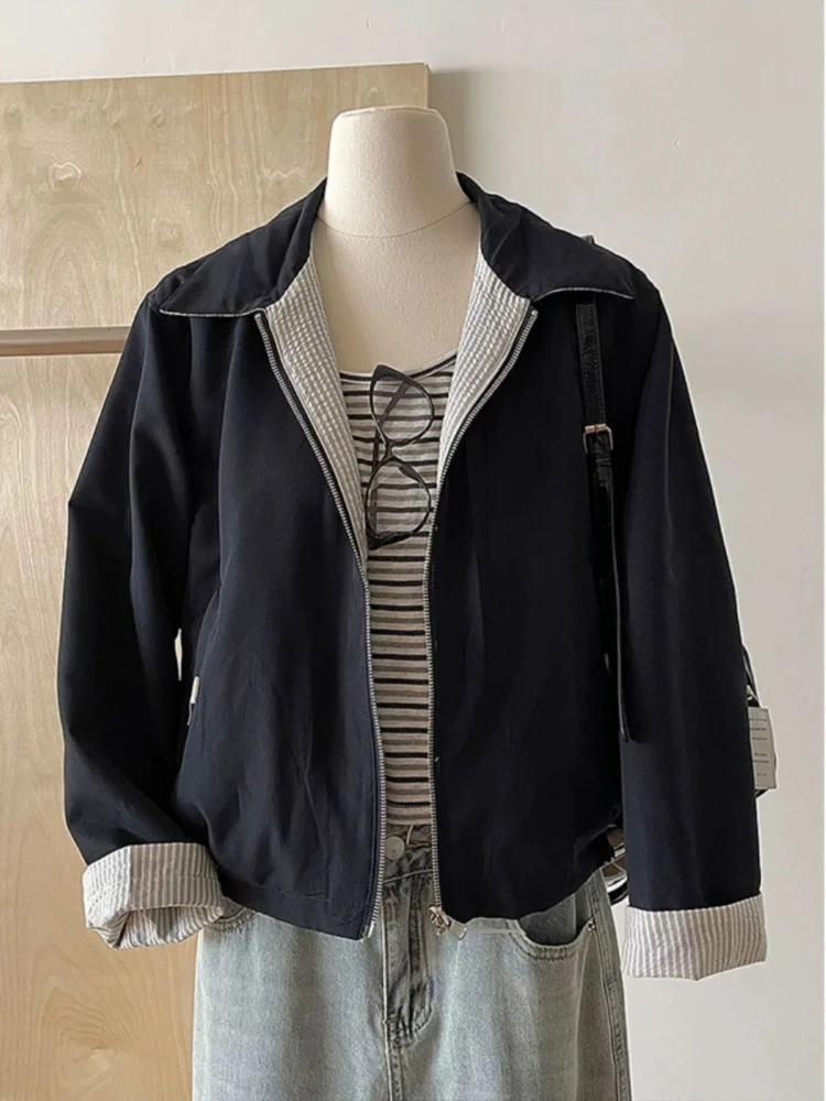 

2025 New Loose Fit Retro Double-sided Stripe Collar Jacket Streetwear Spring Summer High-quality Short Style Long Sleeve Top