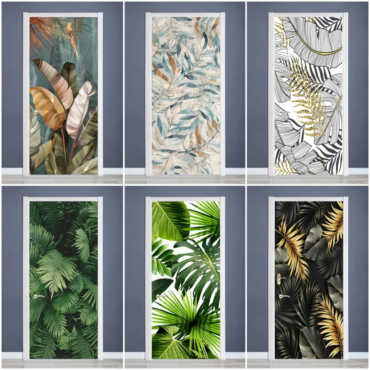 Self-adhesive PVC Removable Door Sticker 3D Natural Leaves Wall Art Decal Home Decoration For Living Room Bedroom Waterproof