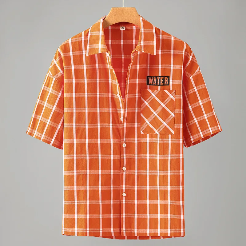 Summer New Trendy Men's Orange Shirts CD Plate Print Short Sleeve Classic Vintage Plaid Casual Fashion Blouse Couple Lapel Tops