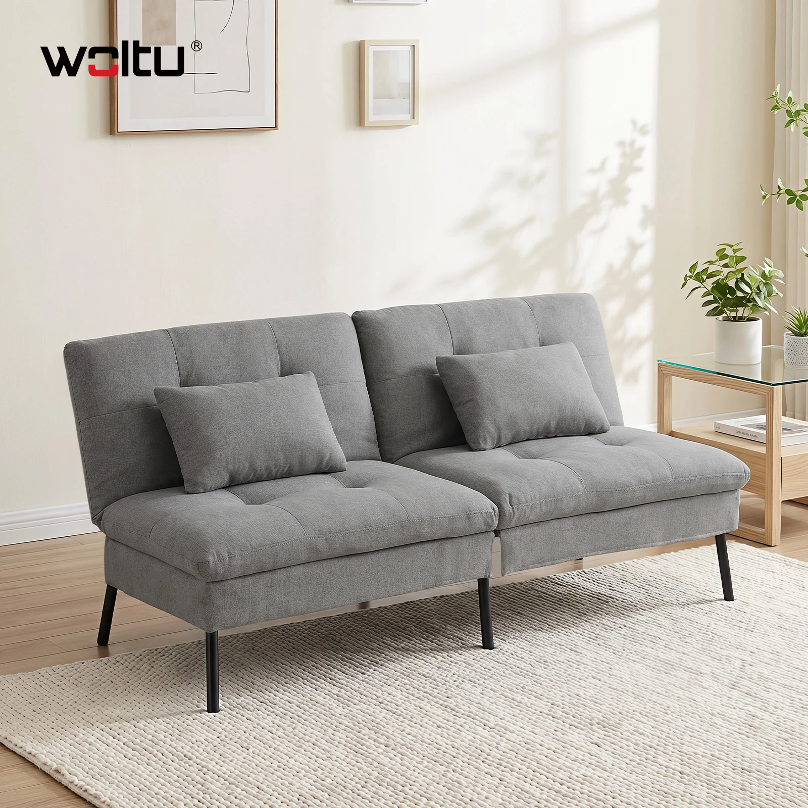 WOLTU Konvertierbares Doppelsofa-Bett mit zwei Kissen und verstellbarer Rückenlehne, Metallbeinen und Leinen-ähnlichem Stoff für Wohnzimmer, Schlafzimmer und Büro