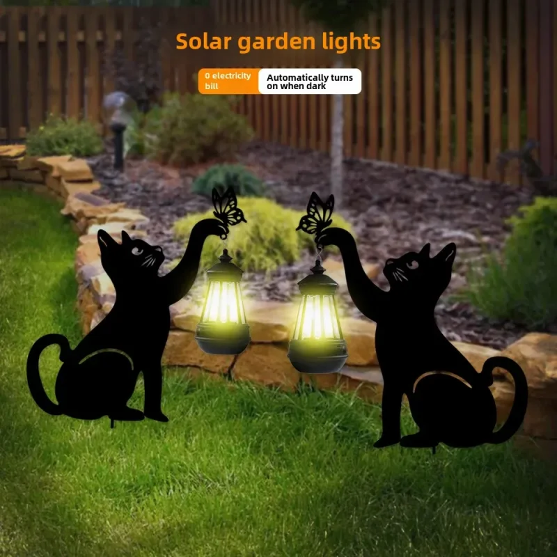 

New home solar lantern outdoor waterproof lawn wrought iron insert cat courtyard garden landscape decorative light