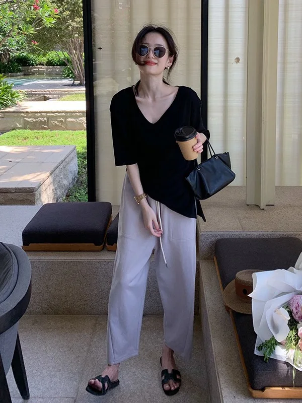 Cseta hoada de manga corta con cuello en V para mujer, ropa informal de verano, cseta de cuello ande de estilo core...