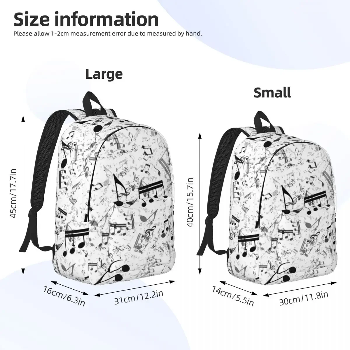 Mochila de notas musicales en blanco y negro para niños y niñas, mochila escolar para estudiantes, mochila de día de partituras, bolsa primaria de jardín de infantes