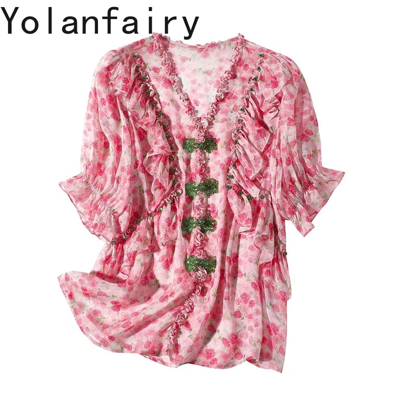 

YOLANFAIRY High-end 100% Real Mulberry Silk Blouses for Woman Shirt Summer Elegant Silk Top Puffed Sleeves Vintage Floral Blouse