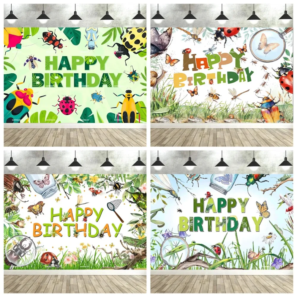 

Cartoon Butterfly Bee Ladybug Theme Birthday Party Backdrop Decoration, Dewdrop Ladybug Family Party Photography Backdrop Props