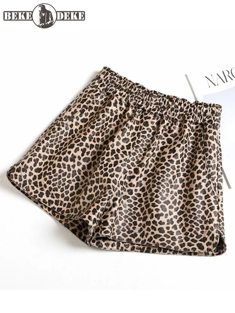 Sexy Women High Street Sheepskin Genuine Leather Shorts Elastic Waist Leopard Pattern Shorts Lady Casual Wide Leg Mini Trousers