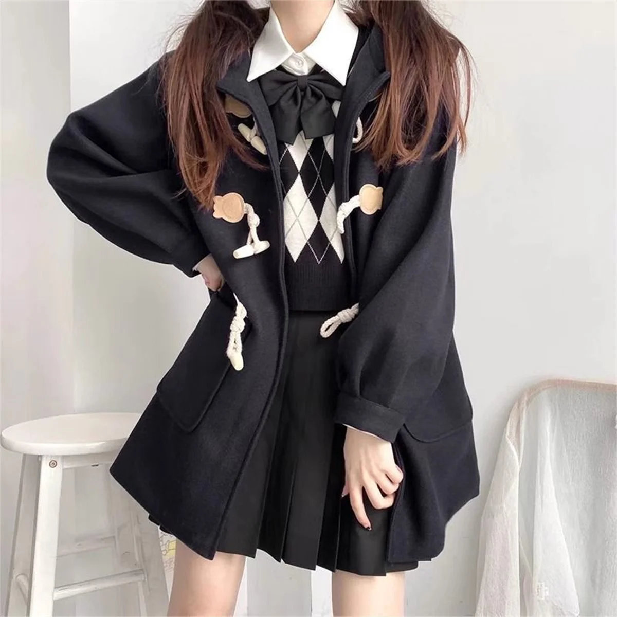 Cute Girl Spring And Autumn New Medium And Long Styles Horn Button Coat Collection Casual Fashion Trends Versatile Lazy Wind