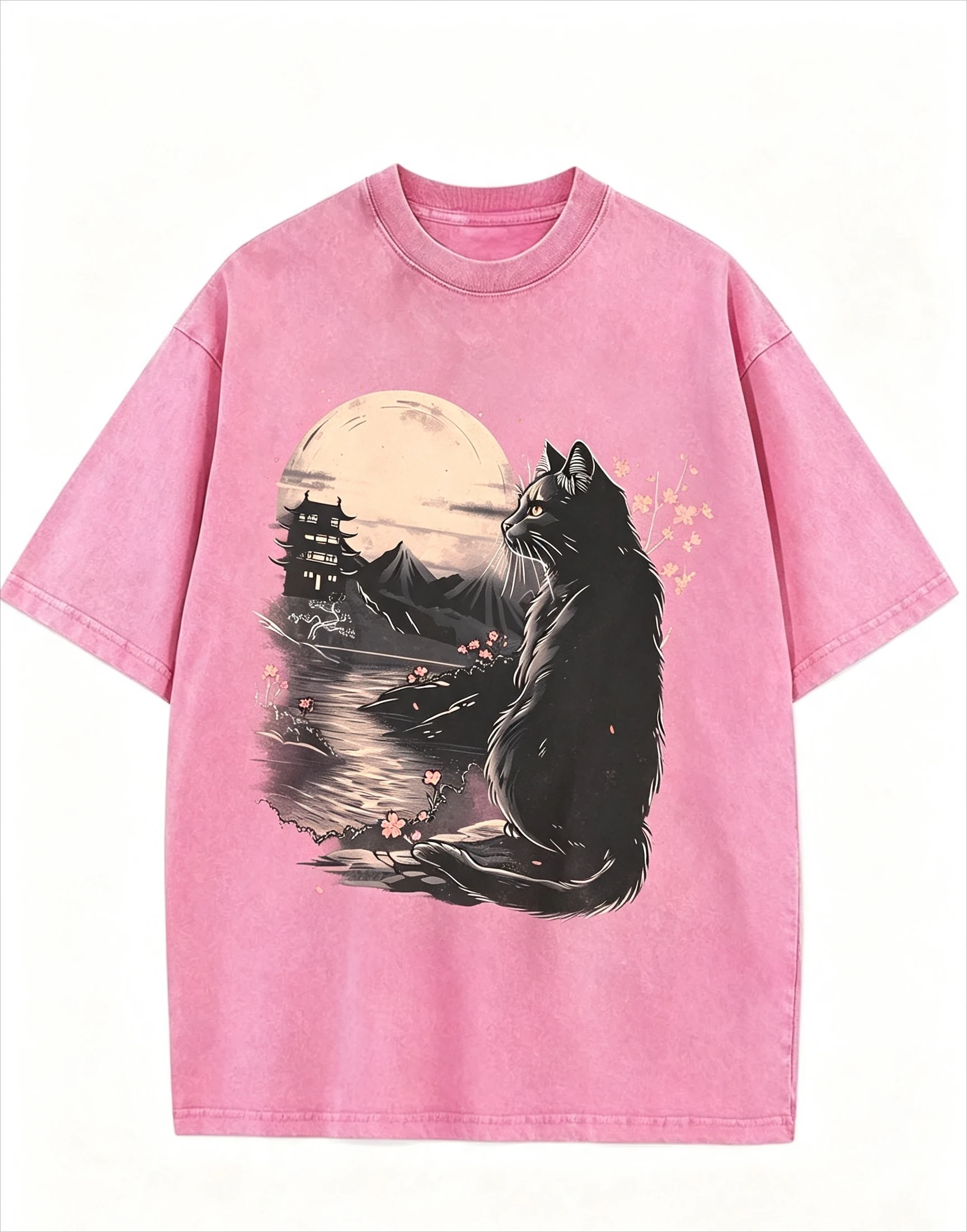 Washed vintage look, Japanese-style floral print casual cotton T-shirt, loose fit, short sleeves, round neck, unisex
