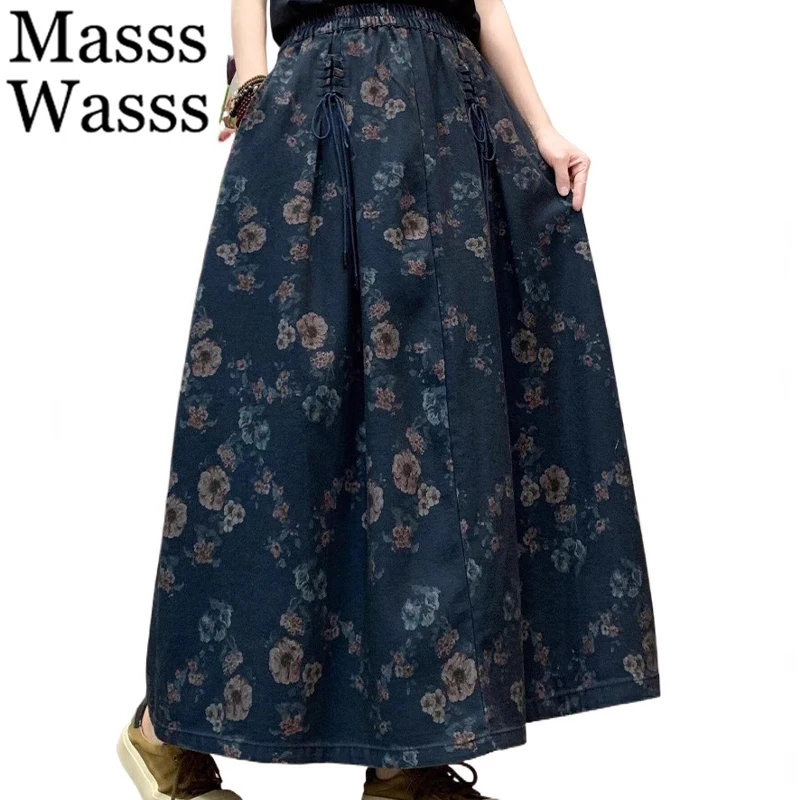 Masss Wasss Harajuku Spring Floral Women Printed Fashion Denim Skirt Ladies Loose Casual Vintage Punk Classic Streetwear Clothes