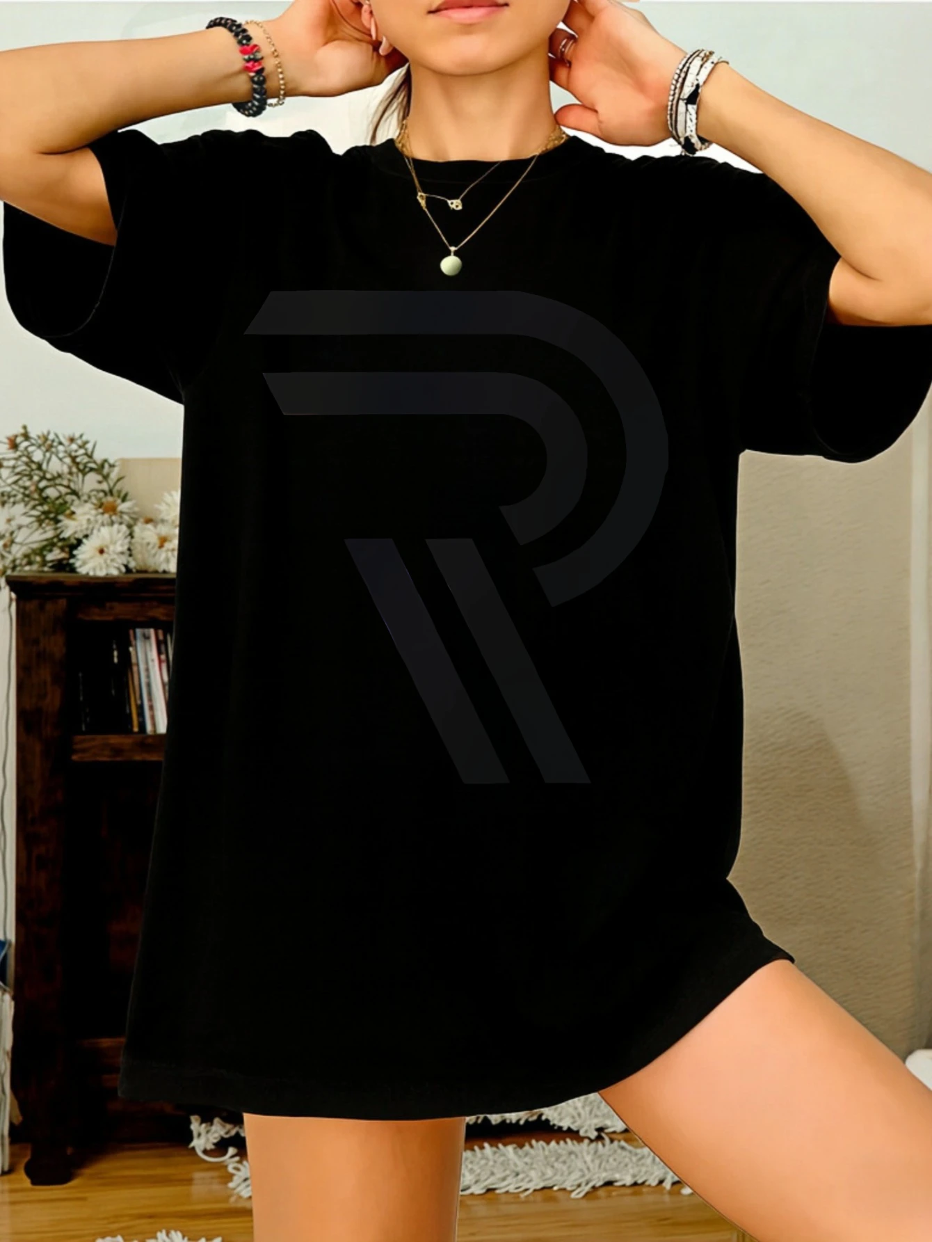 

R Graphic Womens Streetwear Short Sleeve Oversized Cotton Summer Casual T Shirt Gift for Her