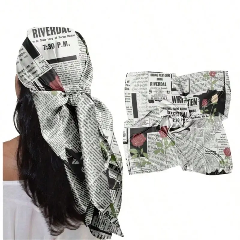

1pc Newspaper Rose Pattern Headscarf Square Scarf 35-inch Elegant Lady Headscarf Square Scarf Multifunctional Fashion Accessory