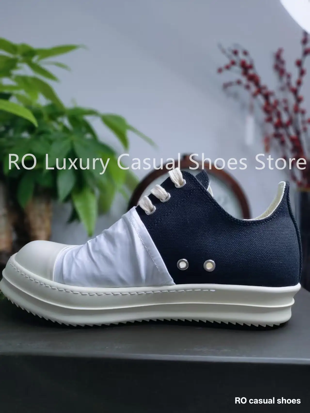 

Ro Classic Design Black Canvas Low-Top Men's Shoes With White Fabric Pleats Designer Women's Sneakers Quality Flat Sneaker Shoes