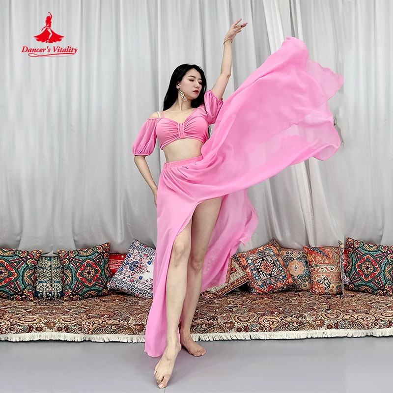 Belly Dance Practice Costume Suit for Women Half Sleeves Top+chiffon Long Skirt 2pcs Stage Performance Clothes Oriental Outfit