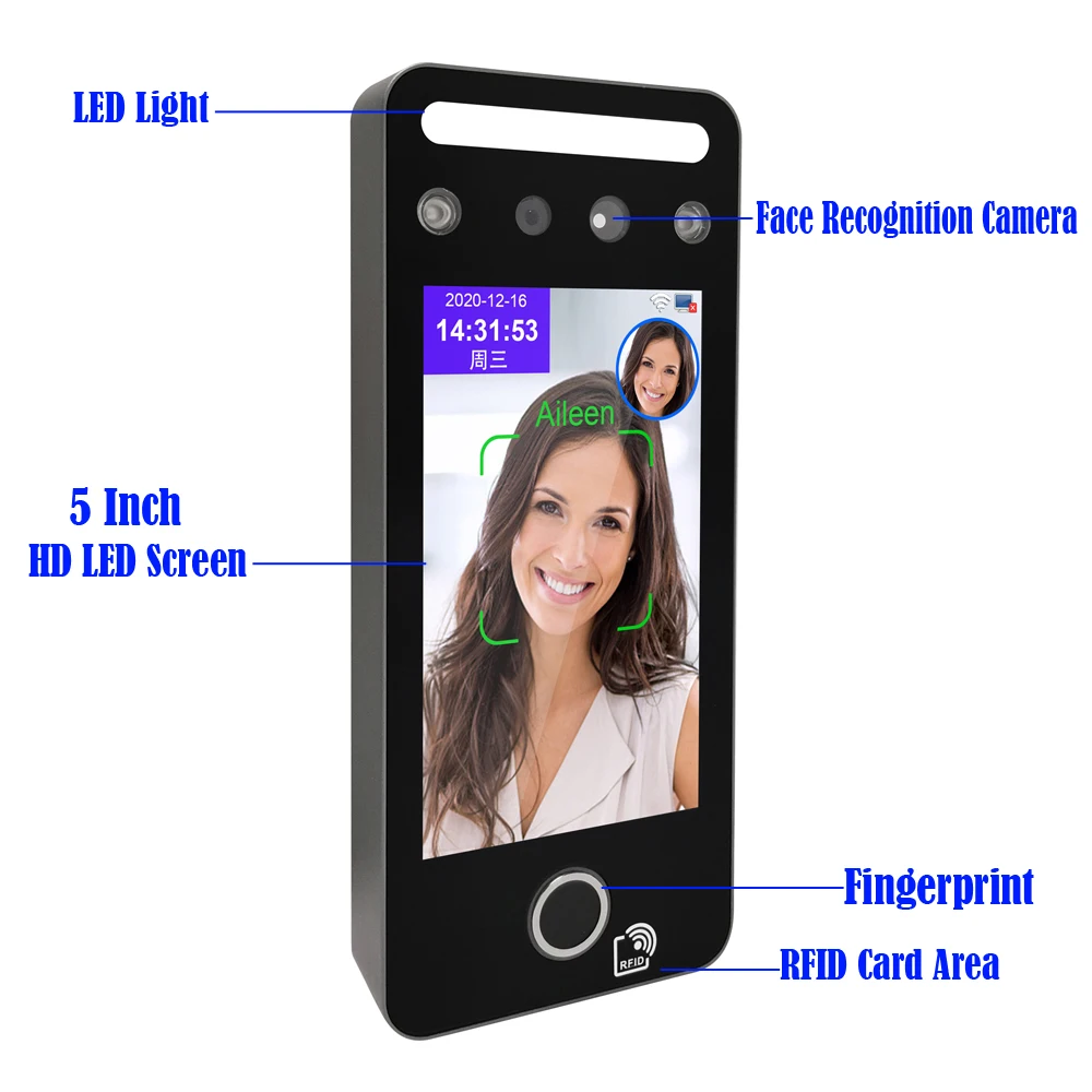 Touchless 5 Inch Face Recognition Time Attendance Fingerprint Facial QR Code Access Control Card Reader