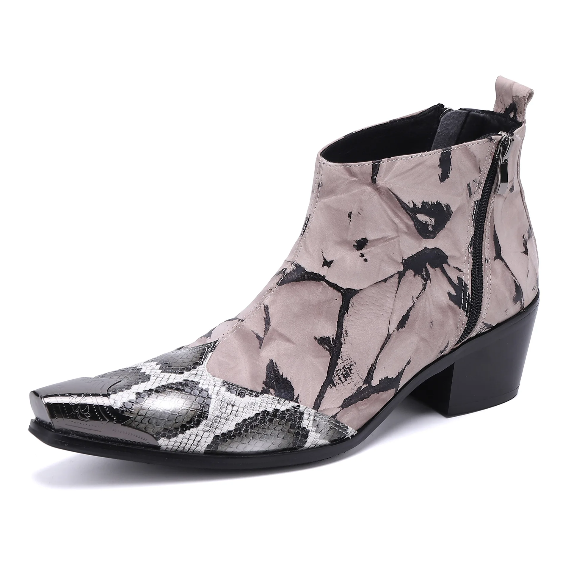 Snakeskin Pattern Splicing Metal Pointed Toe Ankle Boots Male Mixed Color High Top Chunky Heel Chelsea Boots Men's Leisure Shoes