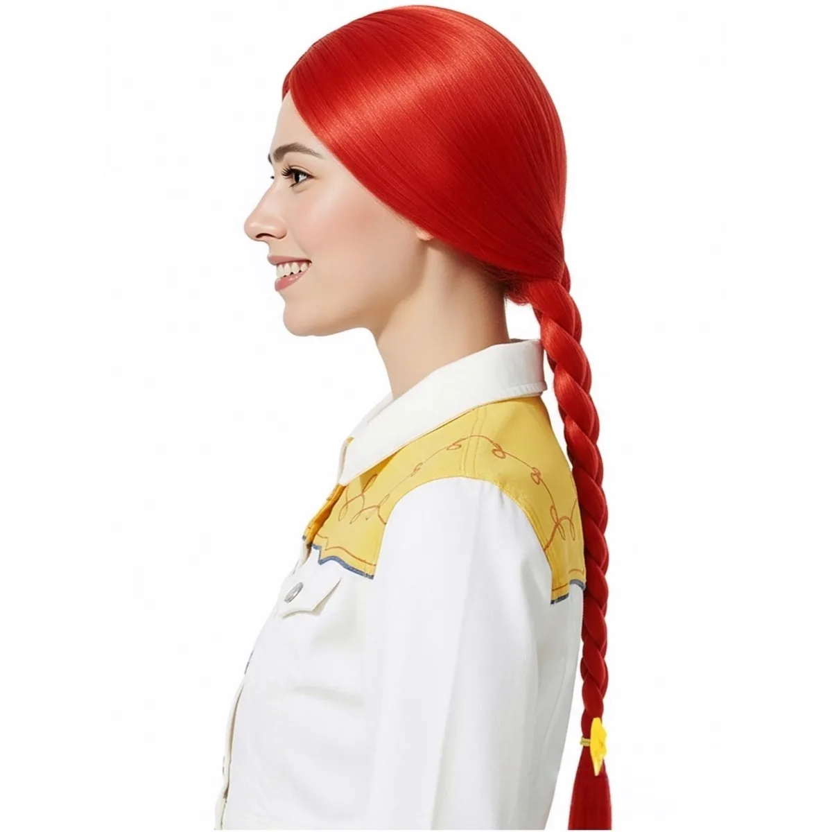 Bright Red 61cm Long Straight Wig Braided Pony Tail Yellow Bow Synthetic Glossy Cosplay Daily