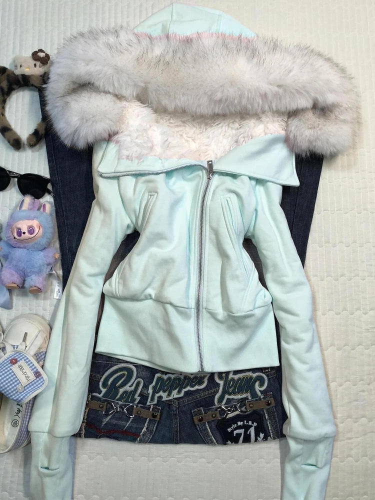 

Women's Casual Harajuku Vintage 2000s Loose Fit Winter Fur Collar Hoodie Zippers Cardigan Jacket Coat Retro Warm Outerwear Y2K