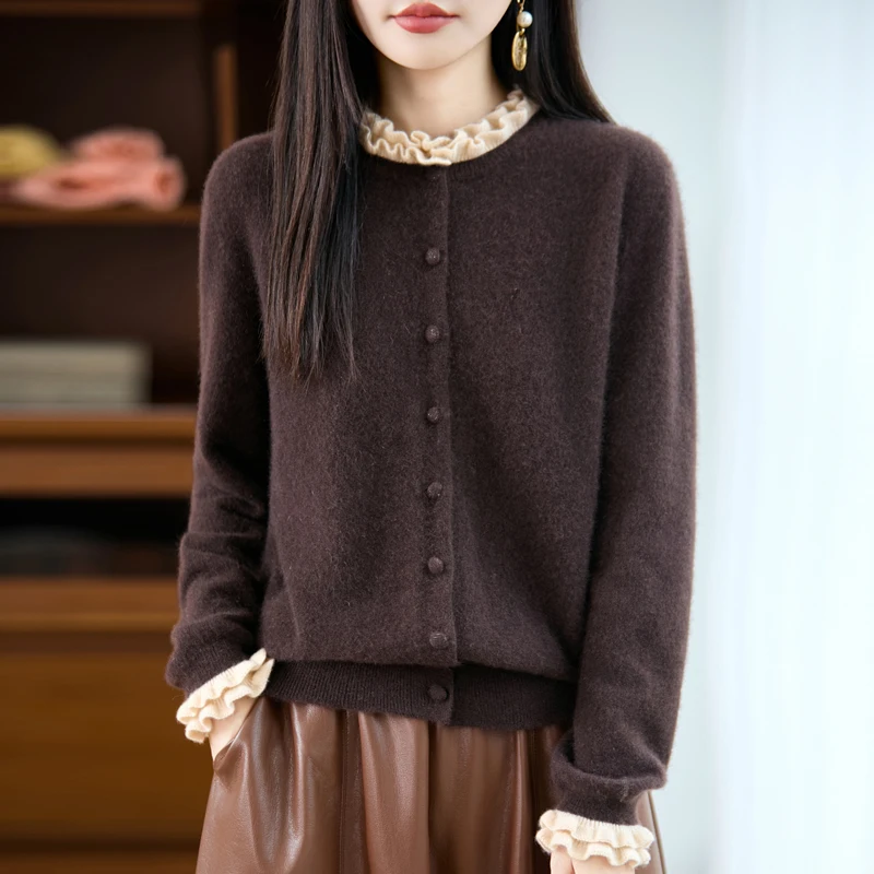 

Выпуск нового продукта: женский кардиган из 100% чистой шерсти, круглый вырез, трикотажное пальто с черными краями грибка, однотонная куртка с длинными рукавами.