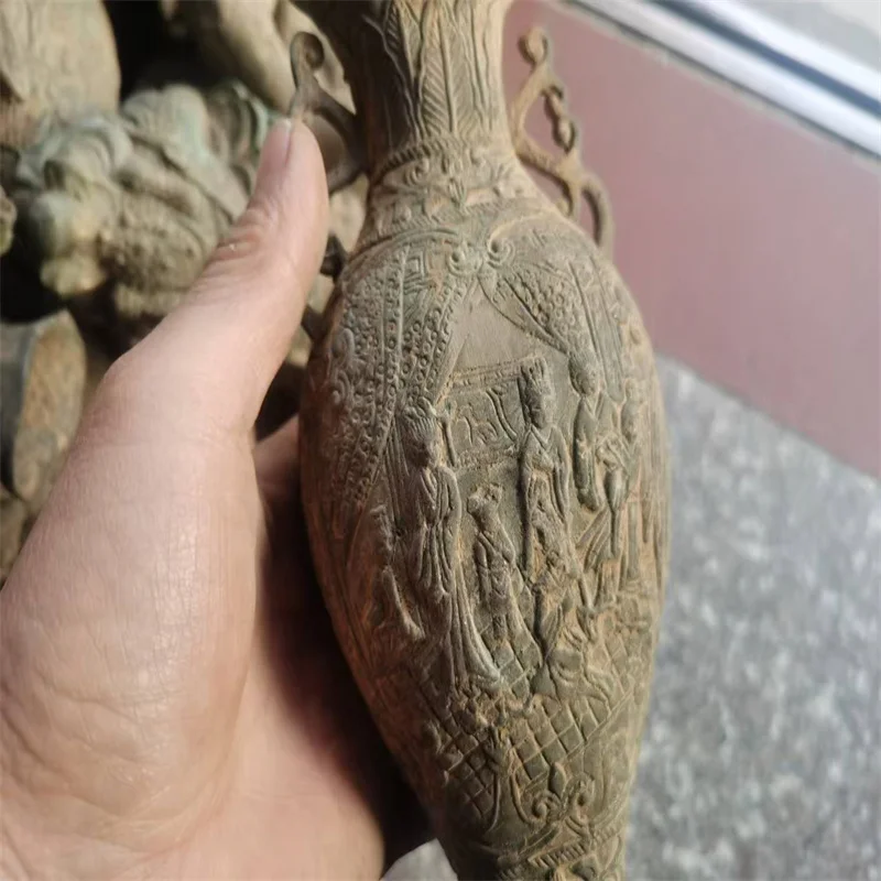 Collections China Old Bronze  vase, From The Countryside Double ear vase with relief figure pattern Statue