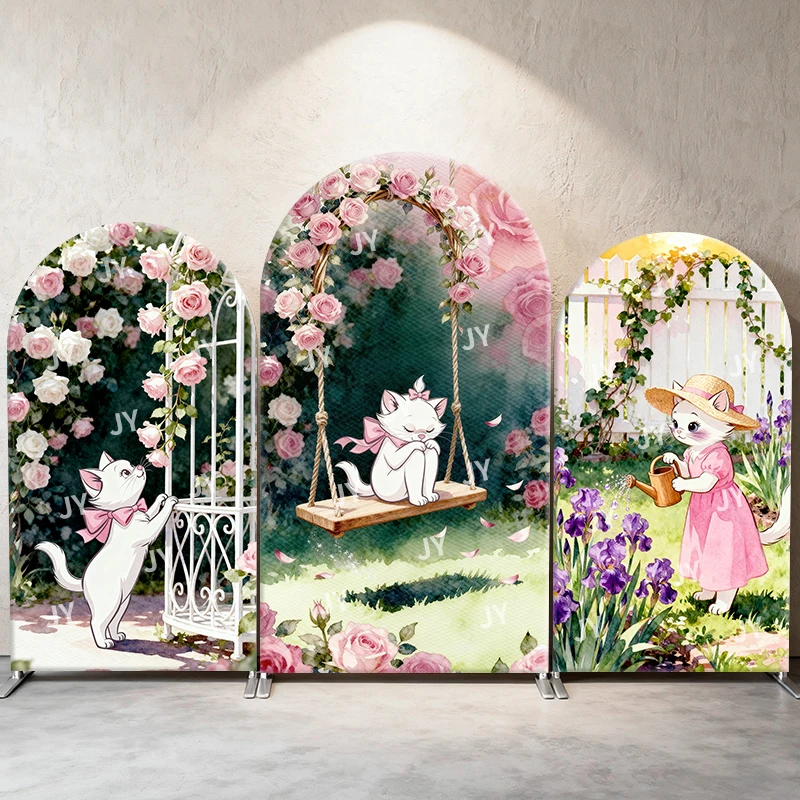 

Marie Cat Arch Backdrop Cover Rose Swing Garden Scene Cartoon Theme Kids Birthday Baby Shower Photo Booth Decor Background