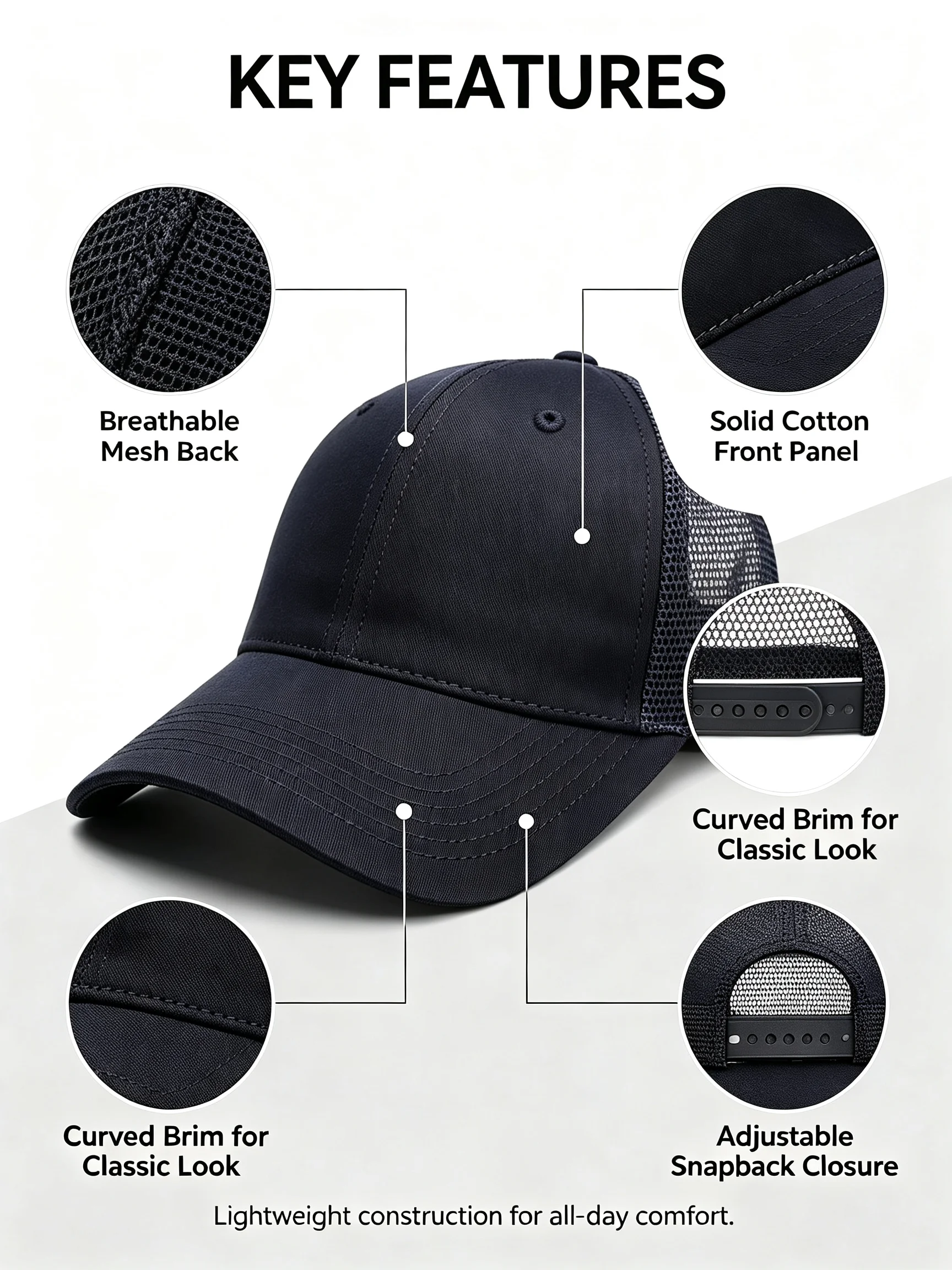 Größen 55–60 cm, verstellbare Snapback-Baseball-Trucker-Basic-Baseballkappe, einfarbig, für Herren und Damen, Mesh-Arbeit, Spleißen, Unisex, mehrere – Detail 3
