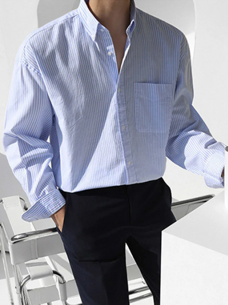 Long Striped Sleeved Turn-down Neck Shirt Men's Single Breasted Loose Spring Autumn Korean Style Casual Simple 2A1270