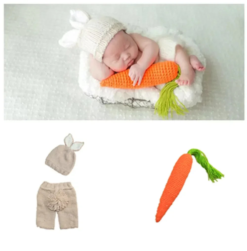 Baby Boy Girl Photo Outfits Knitting Pant Hat Radish Shooting Costume Romper Baby Photoshoot Outfit Newborn Photography Props