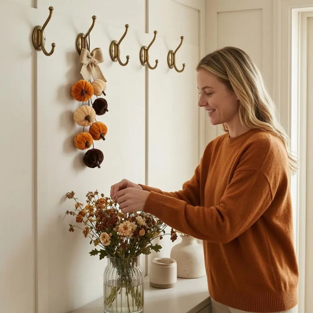 Artificial Floral Wreath Thanksgiving Pumpkin Wreath with Velvet Ornaments Fall Harvest Teardrop Swag Burlap Bow Front Door